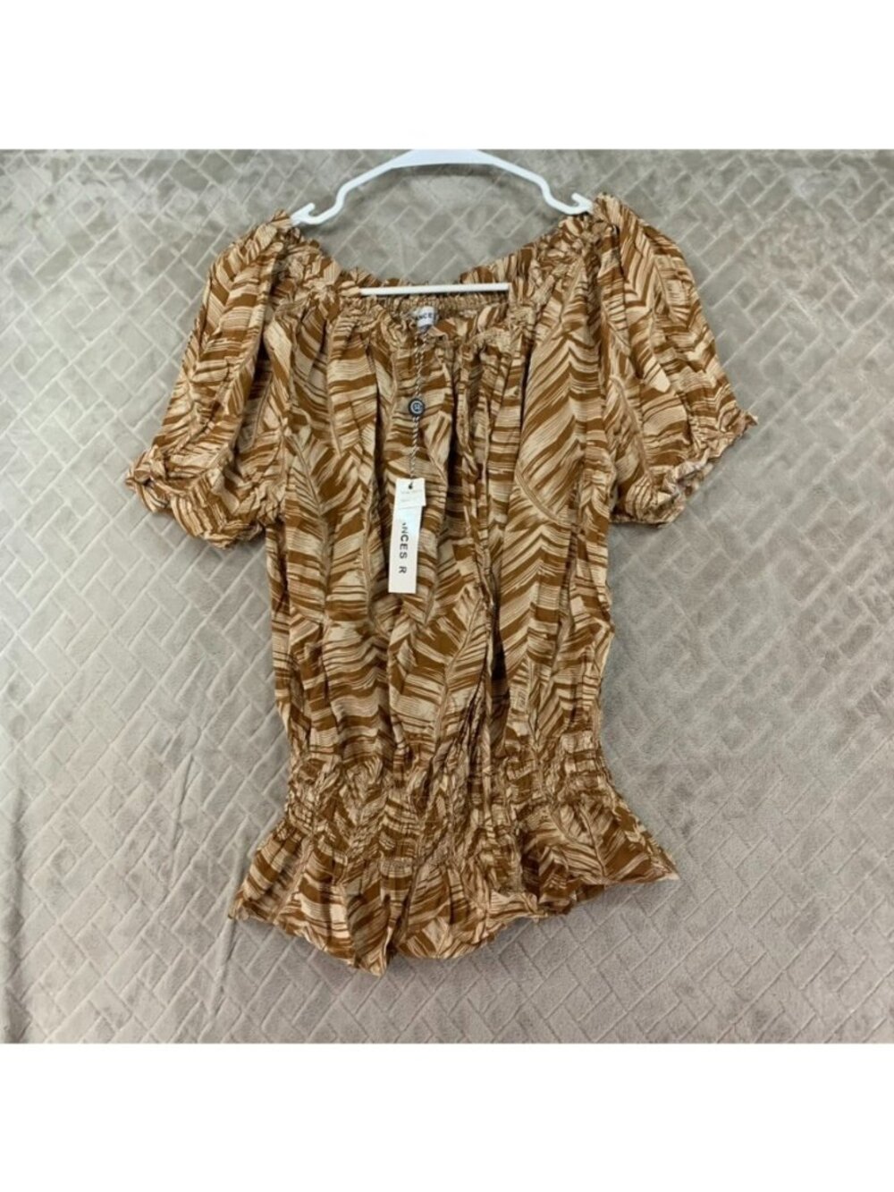 Chance R Blouse Womens L Brown Striped Short Sleeve Ruched Relaxed Off Shoulder